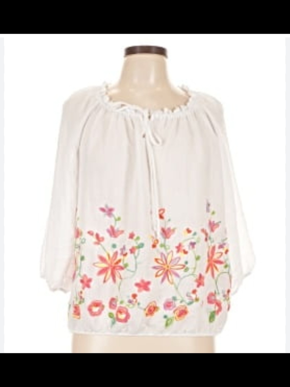 PerSeption Concept White Peasant Blouse with Pink & Orange Floral Embroidery